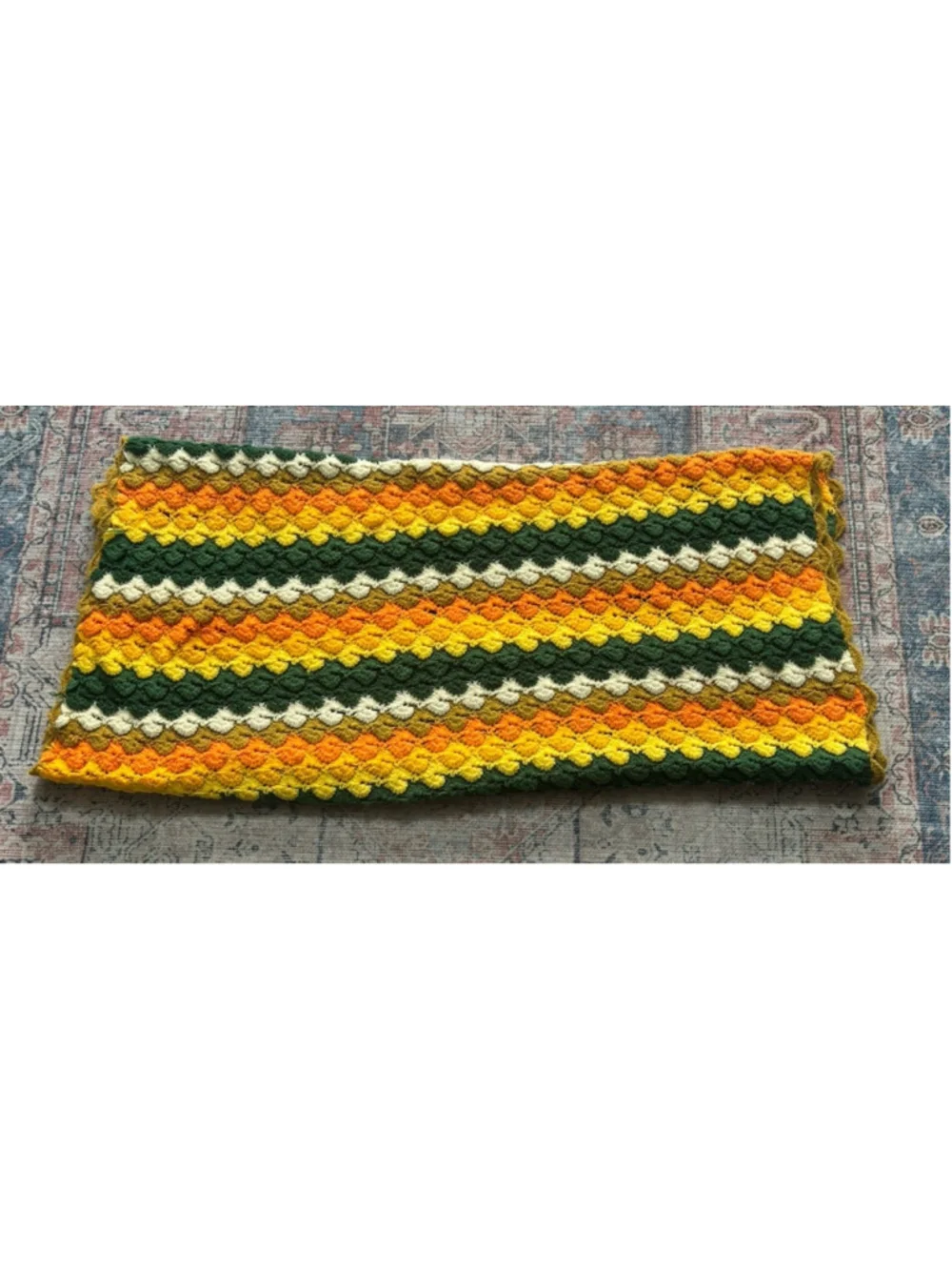 Vintage Crochet Handmade Afghan Throw Blanket Chevron 43x71” Green Orange Yellow